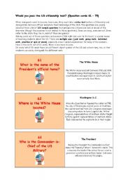 English Worksheet: ** Would you pass the US citizenship test? ** THE MOST IMPORTANT FACTS ABOUT THE USA ** (Question cards 61  70) 