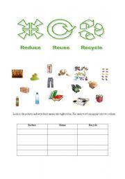 English Worksheet: REDUCE REUSE RECYCLE  - PG 1