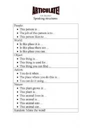 English Worksheet: ARTICULATE for children - enjoyable describing game! (speaking structures and playing cards)