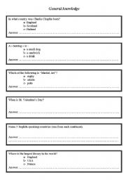 English Worksheet: General knowledge quiz