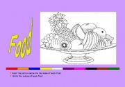 English worksheet: food´s vocabulary, using the names of colours of each fruits