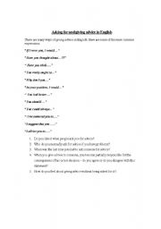 English worksheet: asking for and giving advice