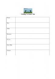 English worksheet: Getting to know you questions form