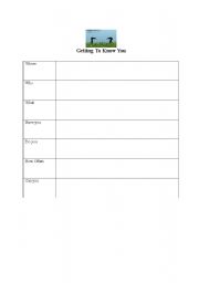 English Worksheet: Getting to know you questions form
