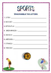 English worksheet: Sports - Unscramble