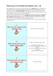 English Worksheet: ** Would you pass the US citizenship test? ** THE MOST IMPORTANT FACTS ABOUT THE USA ** (Question cards 71  10) 