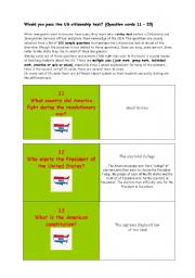 English Worksheet: ** Would you pass the US citizenship test? ** THE MOST IMPORTANT FACTS ABOUT THE USA ** (Question cards 11  20)