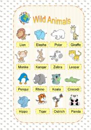 English Worksheet: wild animals picture dictionary
