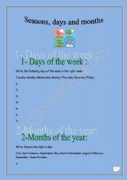 English Worksheet: Seasons, days & months (elementary) (2 pages): REVISION worksheet