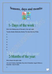 Seasons, days & months (elementary) (2 pages): REVISION worksheet