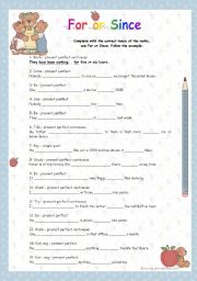 English Worksheet: For or Since