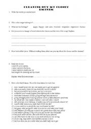 English worksheet: Cleaning out my closet - Eminem