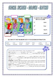 English Worksheet: DESCRIBING PEOPLE : colours, clothes and accessories, ordinal numbers