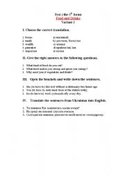 English worksheet: Test. Food and Drinks
