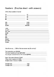 English worksheet: Numbers (Practice sheet with answers)