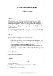 English worksheet: Effective Presentation Skills Class Outline