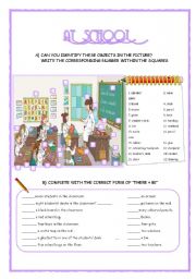 English Worksheet: AT SCHOOL (THERE + BE, PREPOSITIONS, SCHOOL OBJECTS)