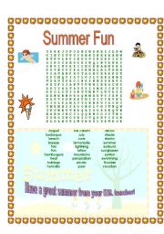 English Worksheet: Summer fun wordsearch