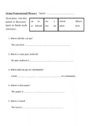 English worksheet: Using Prepositional Phrases 3