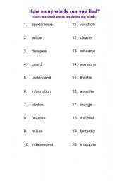 English Worksheet: Elementary Spelling and Vocabulary Activity (Find the small words inside the big words)