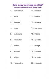 English worksheet: Elementary Spelling and Vocabulary Activity (Find the small words inside the big words)