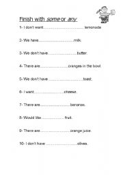 English worksheet: Any and Some