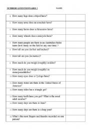 English worksheet: Numbers Questionnaire 2