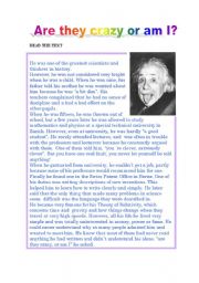 English Worksheet: READING ABOUT ALBERT EINSTEIN