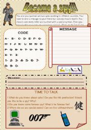 English Worksheet: BECOME A SPY: write a secret code and talk about codes and spies.