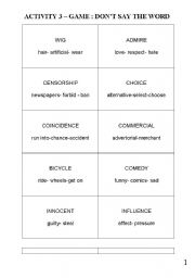 English worksheet: Dont Say The Word ( Taboo)