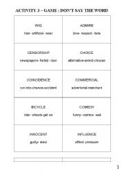 English Worksheet: Dont Say The Word ( Taboo)