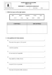 English worksheet: Countable and Uncountable nouns