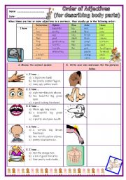 English Worksheet: Talking about body parts. (Order of adjectives)