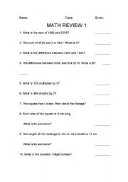 English worksheet: Math review