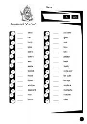 English Worksheet: A/An