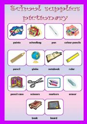 English Worksheet: School supplies pictionary