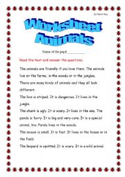 English Worksheet: Animlas and Grammar