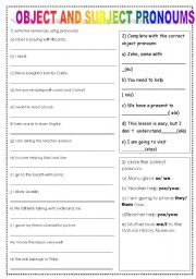 English Worksheet: OBJECT AND SUBJECT  PRONOUMS