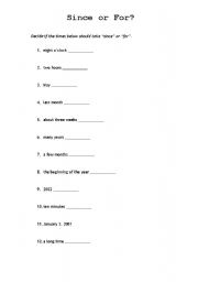 English worksheet: Since & For - Practice Worksheet