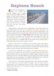 Daytona Beach, Florida, binge drinking and car racing - 2 pages with extra questions