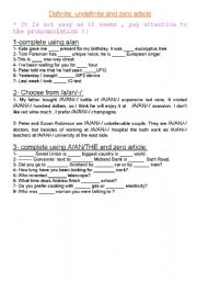 English Worksheet: definite, undefinite and zero article