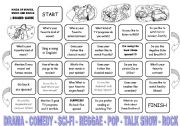 English Worksheet: Kinds of movie, music and books BOARD GAME