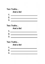 English worksheet: two truths and a lie