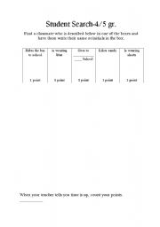English worksheet: Student Search for 4/5th graders