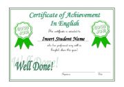 Editable Certificate of English Achievement - Green