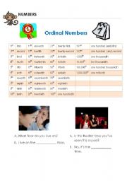 English worksheet: Ordinal Numbers