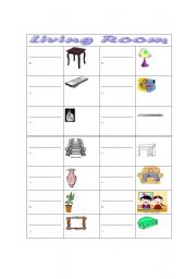English worksheet: LIVING ROOM pictionary vocabulary sheet