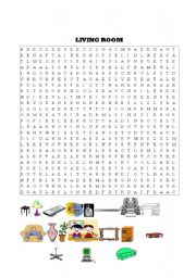 English Worksheet: living room items word search