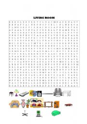 English worksheet: living room items word search