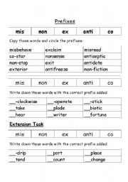 English worksheet: Prefixes